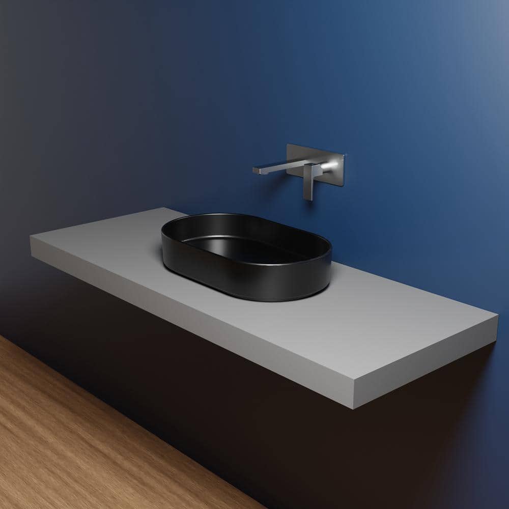 Matte Black Oval Ceramic Wall-Mount Bathroom Sink