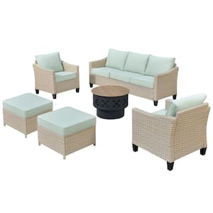 Oconee 6-Piece Wicker Outdoor Patio Conversation Sofa Seating Set with a Wood-Burning Fire Pit and Light Green Cushions