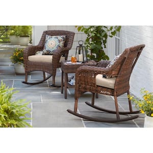 Cambridge Brown Wicker Outdoor Patio Rocking Chair with CushionGuard Putty Tan Cushions