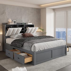 Gray Classic Wood Frame Full Size Platform Bed with Storage Linen Upholstered Headboard and 4 Drawers