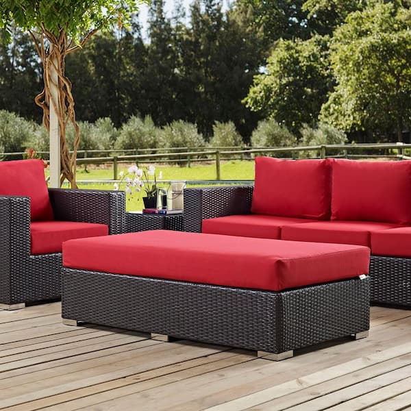 Convene Wicker Outdoor Patio Fabric Rectangle Ottoman in Espresso with Red Cushion
