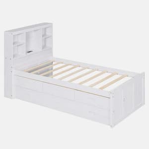 Antique White Wood Frame Twin Size Platform Bed with Storage Headboard, Charging Station, Twin Size Trundle, 3-Drawers