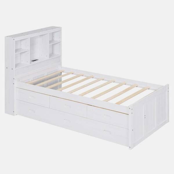 wetiny Antique White Wood Frame Twin Size Platform Bed with Storage Headboard, Charging Station, Twin Size Trundle, 3-Drawers