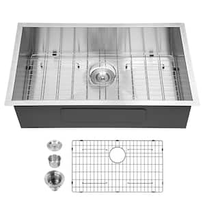 30 in. Undermount Single Bowl 0 Radius Corner 18-Gauge Silver Stainless Steel Kitchen Sink with Bottom Grids
