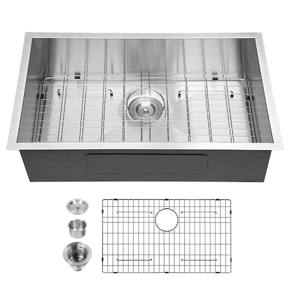Sarlai 30 in. Undermount Single Bowl 0 Radius Corner 18-Gauge Silver Stainless Steel Kitchen Sink with Bottom Grids