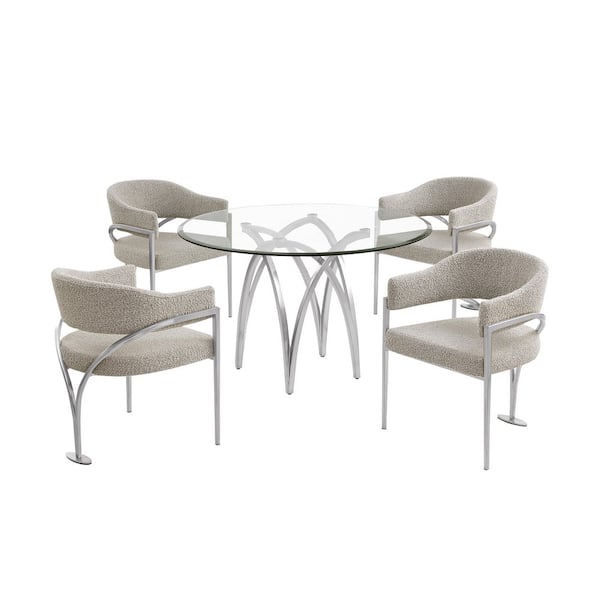 Best Quality Furniture Bayton 5-Piece Clear Tempered Glass Top Brushed Matte Chrome-Plated Base Dining Set With 4-Grey Color Chairs