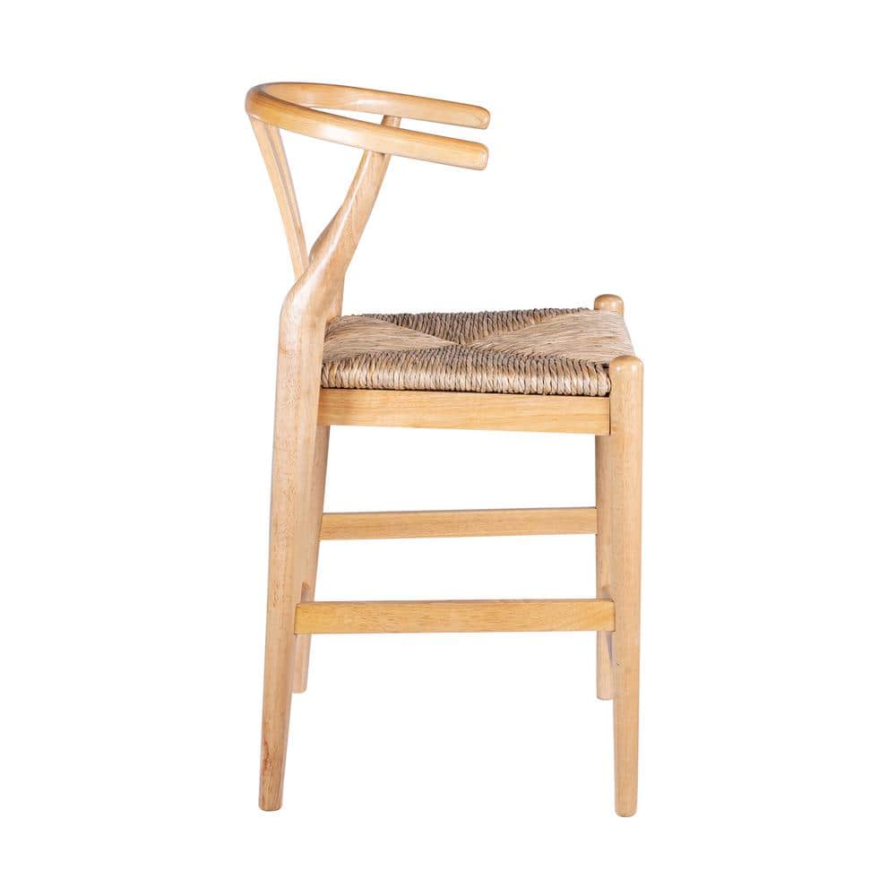 Natural Finish Rubberwood Wishbone Bar Stool with Woven Rush Seat