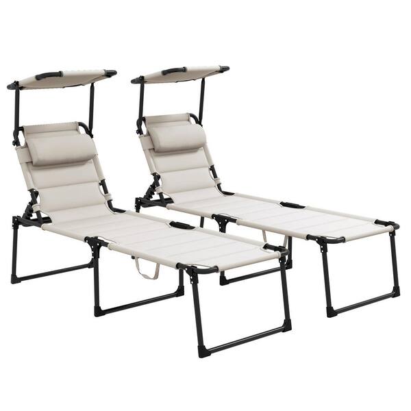 Unbranded Black Metal Outdoor Chaise Lounge with Sunshade Roof, Pillow and Cream White Cushions