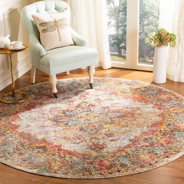 Crystal Cream/Rose 7 ft. x 7 ft. Floral Border Round Area Rug