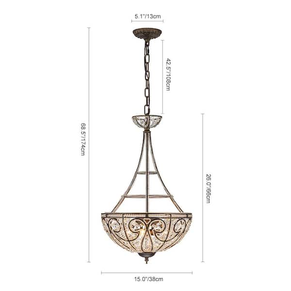 Iridescent 15 in. 4-Light Antique Rust Convertible Semi-Flush Mount Vintage Chandelier with Crystal Accent for Foyer