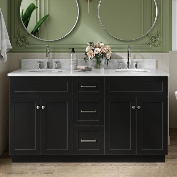 ARIEL Hamlet 61 in. W x 22 in. D x 35.25 in. H Bath Vanity in Black with Carrara Marble Vanity Top