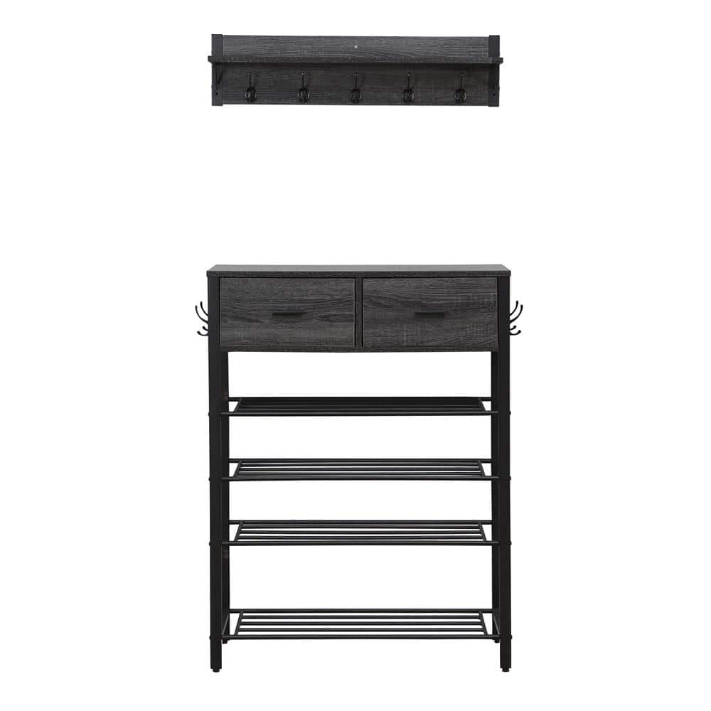 42.32 in. H One Set Entryway 4-tier 12-Pair Black Shoe Rack with 2 Drawers,