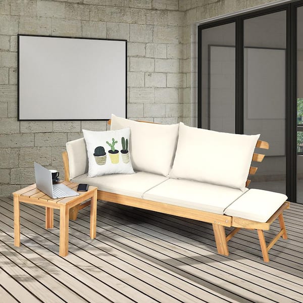 Adjustable Patio Sofa Daybed Acacia Wood Furniture with White Cushions