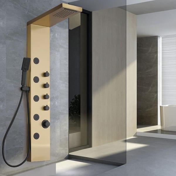 Dual 3-in-1, 5-Jet Shower Panel Tower System with Rainfall Waterfall Shower Head, and Massage Body Jets in Black Gold