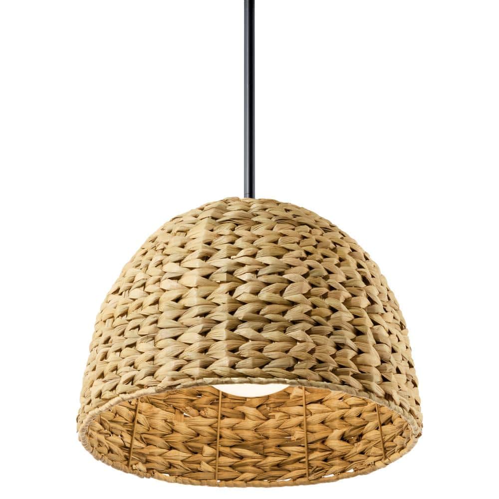 Raffiana Black and Natural Rattan Dome Pendant Light