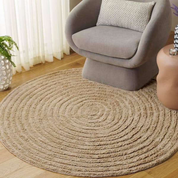 Easy Care 5 ft. x 5 ft. Beige Machine Washable High-Low Dendric Solid Round Area Rug