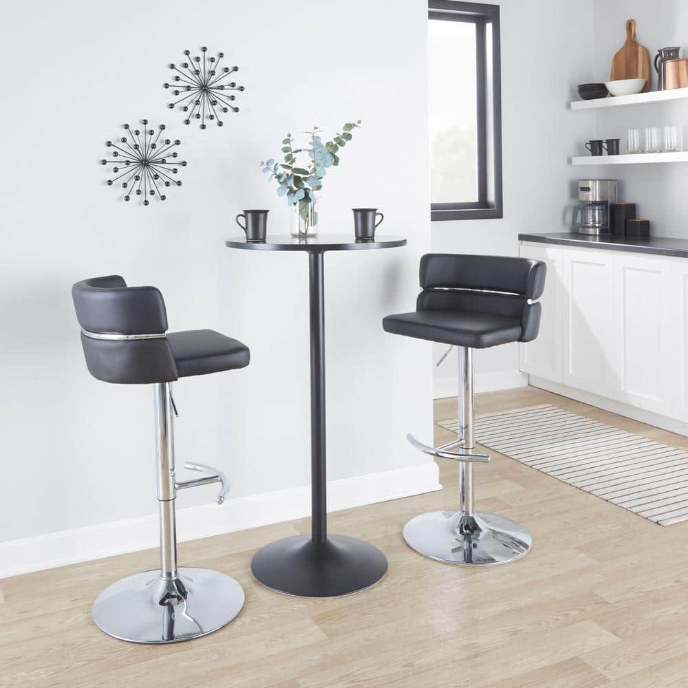 Lumisource Cinch 32.5 in. Black Faux Leather and Chrome Metal Adjustable Bar Stool with Rounded T Footrest (Set of 2), Black Faux Leather & Chrome Metal