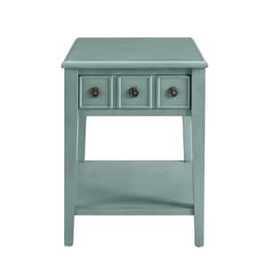 Strand Teal Rectangular Side Table with Bronze Drawer Pulls and Shelf