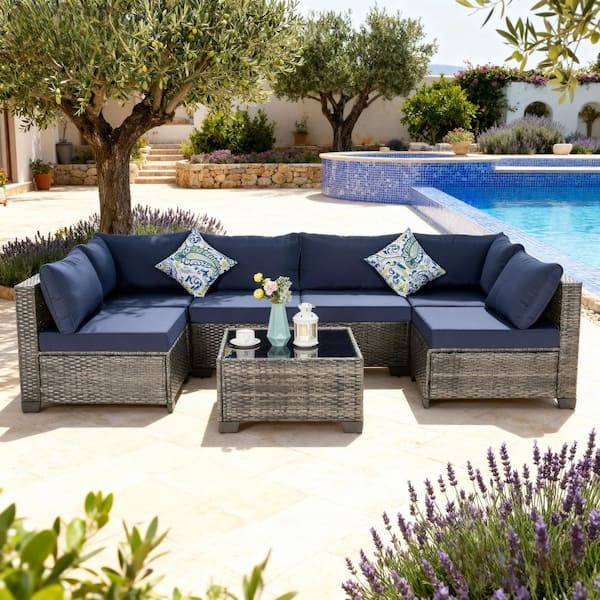 7-Piece Wicker Outdoor Sectional Set Conversation Sets with Blue Cushions for Backyard, Lawn