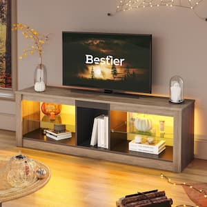 55 in. Wash Grey TV Stand with LED Lights Entertainment Center with Glass Shelves