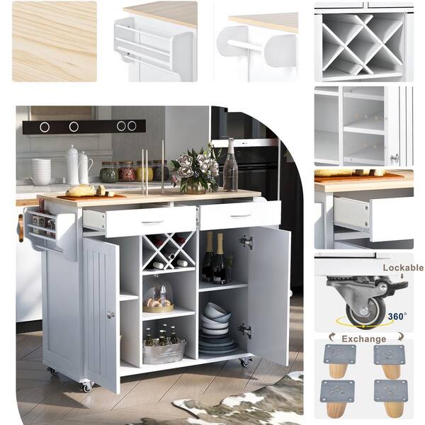 White Foldable Rubber Wood Drop-Leaf Countertop 53.1 in. W Kitchen