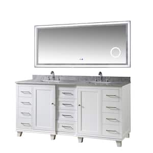 Ultimate Classic 71 in. W x 25 in. Dx 34 in. H Double Bath Vanity in White with White Carrara Marble Top and LED Mirror