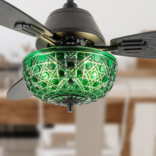 Pippa 42 in. 2-Light Indoor Black Ceiling Fan with Green Hand-Cut Glass Bowl Shade and Remote Control
