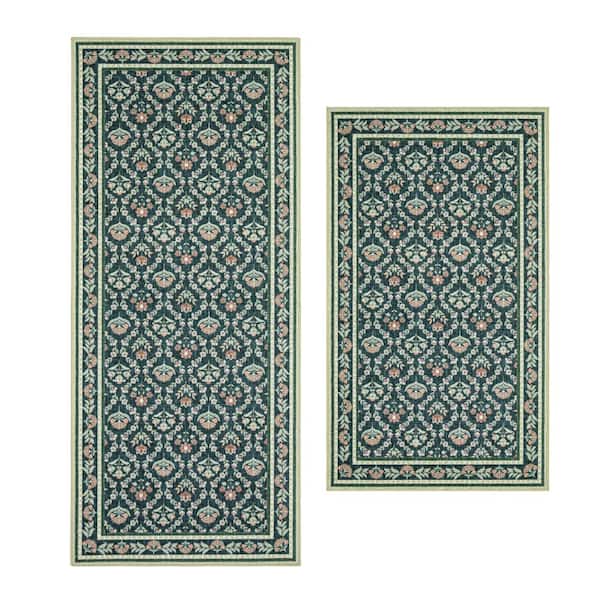 Barrington Floral Navy Blue 2 ft. X 9 ft. Polyester Rug Set