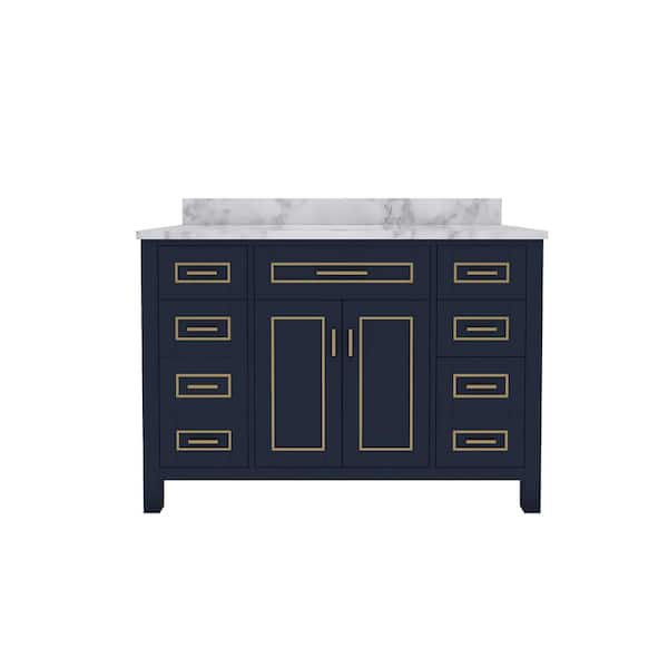 Sinber STYLE2 48 in. W x 22 in. D x 35 in. H Ceramic Sink Freestanding Bath Vanity in Navy with Carrara White Marble Top