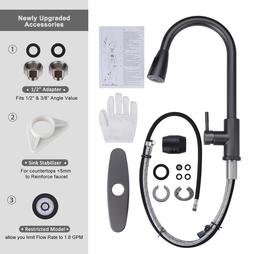 Matte Gray Stainless Steel Pull Down Kitchen Faucet with Sprayer