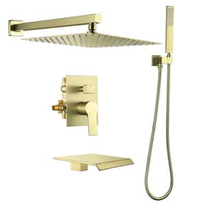 Single-Handle 1-Spray Tub and Shower Faucet with Handheld Shower and 12 in. Shower Head in Brushed Gold (Valve Included)