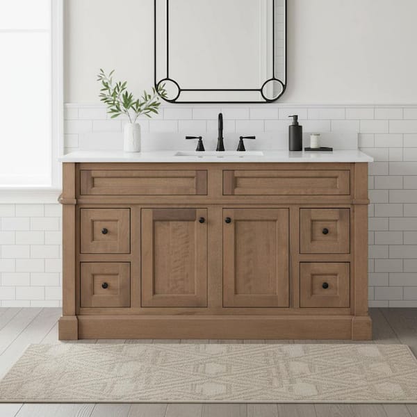 Horsham 61 in. Single Sink Driftwood Brown Freestanding Bath Vanity with Mineral White Quartz Top Assembled