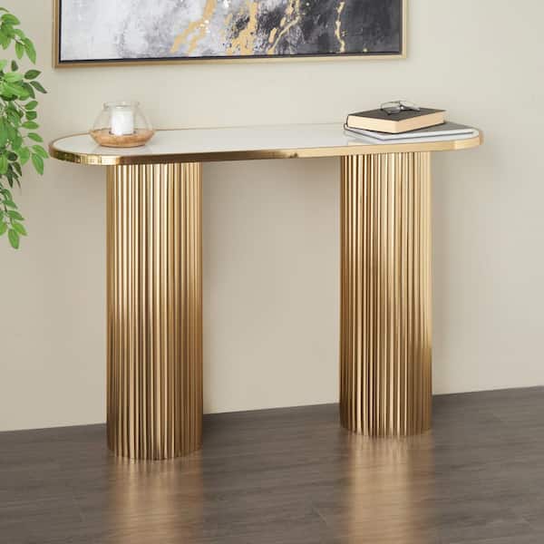 Litton Lane 31 in. x 47 in. Gold Metal Oval Console Table with White Marble Tabletop and Ribbed Legs