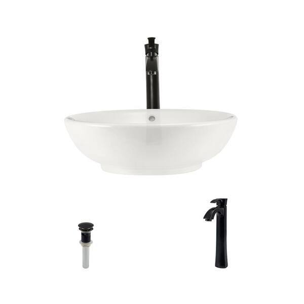 MR Direct Porcelain Vessel Sink in Bisque with 726 Faucet and Pop-Up Drain in Antique Bronze