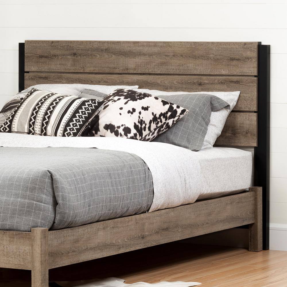 Weathered Oak Queen Platform Bed with Upholstered Headboard
