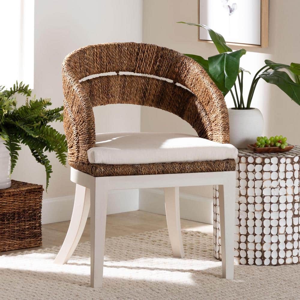 Natural Seagrass and Mahogany Bohemian Arm Chair with White Cushion
