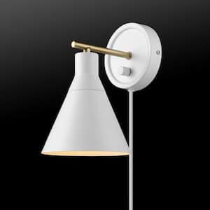 Tristan 1-Light Matte White Dimmable Plug-In or Hardwire Sconce with Brass Accent, White Fabric Cord