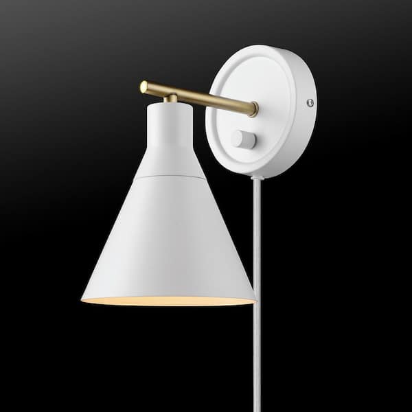 Tristan 1-Light Matte White Dimmable Plug-In or Hardwire Sconce with Brass Accent, White Fabric Cord