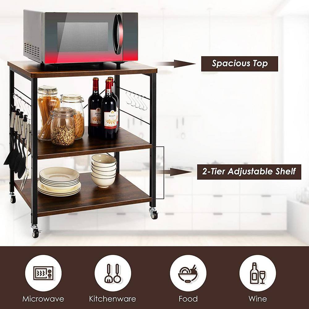 3-Tier Brown Wood Kitchen Cart with 10-Hooks - thumbnail 7
