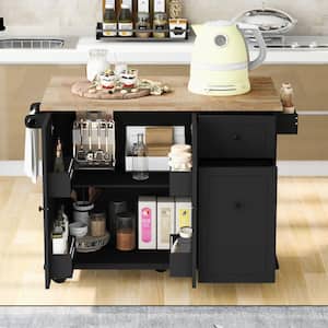 Black Wood 53.9 in. Kitchen Island on Wheels with Drop Leaf and 3-Tier Pull Out Cabinet Organizer for Kitchen