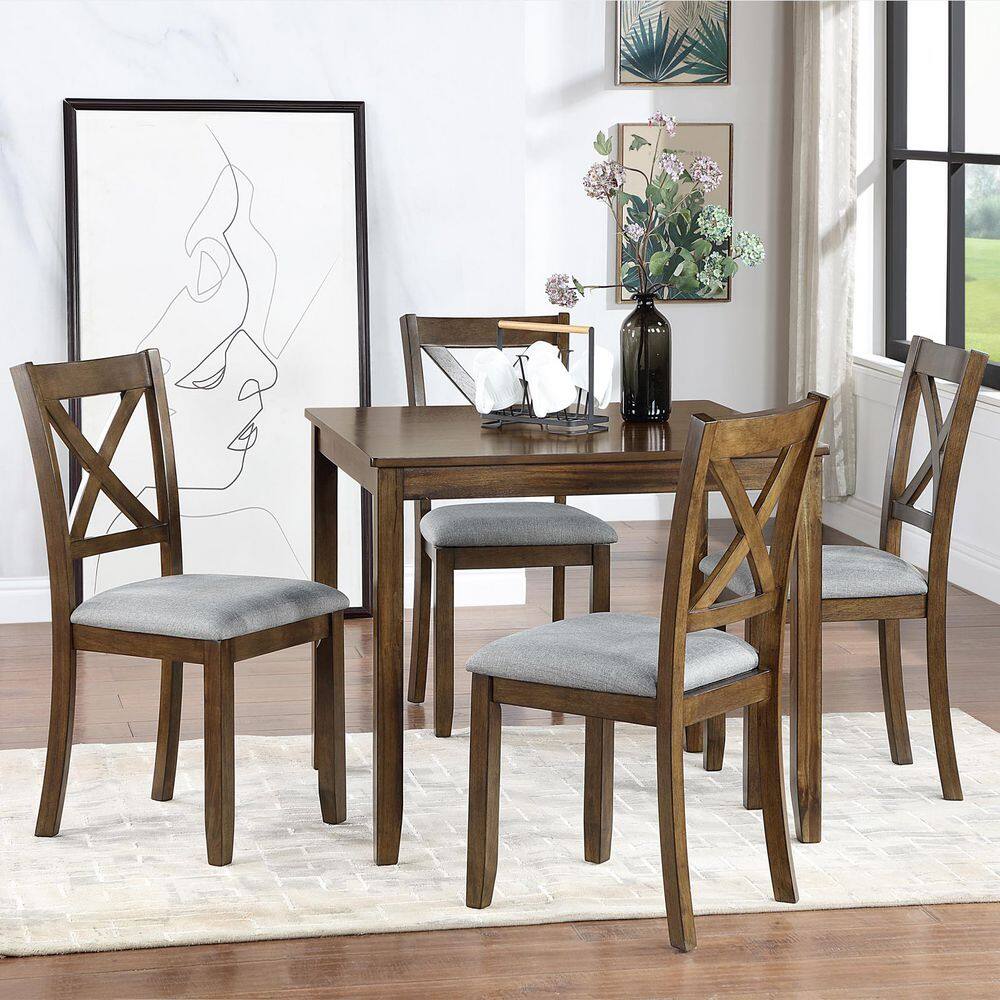 Ione Modern 5-Piece Square Walnut Wood Dining Table Set with Upholstered Chairs, Seats 4