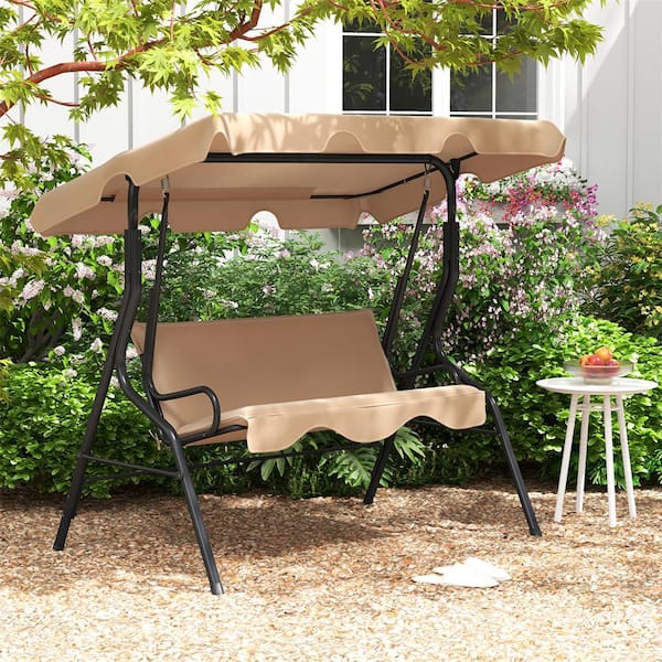 3-Person Metal Patio Swing with Glider Hammock Steel Frame Beige Cushioned Backyard