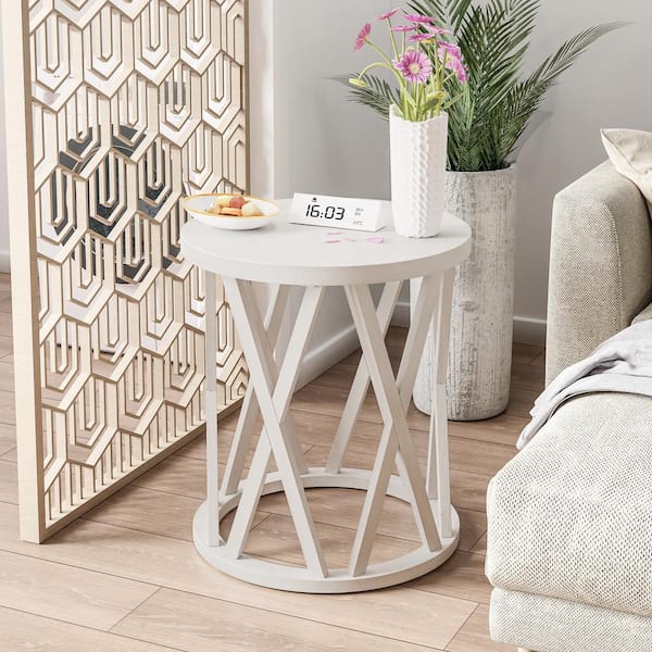 Rustic Farmhouse 22 in. White Round Wood End Table with X-Motifs Legs