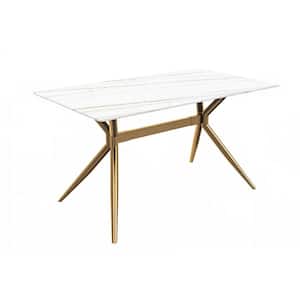 Elega Modern 62" Rectangular Dining Table with Sintered Stone Top and Gold Stainless Steel Base in White/Gold