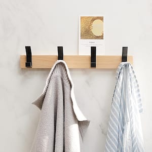 15.7 in. Light Brown Beech Wall Mount Coat Rack, Aluminum Towel Hooks with 4 Hooks for Bathroom Living Room