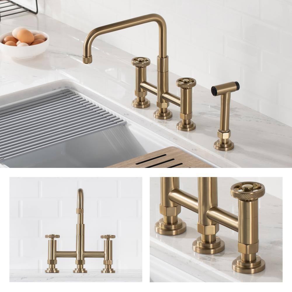 Urbix Brushed Gold Stainless Steel Bridge Faucet with Side Sprayer