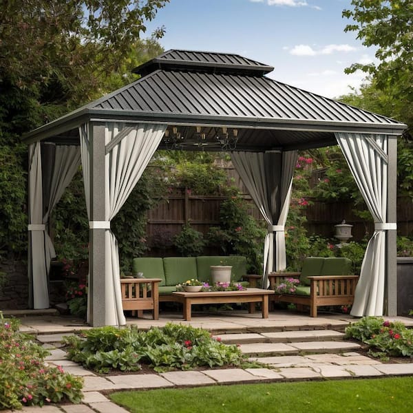 10 ft. x 14 ft. Hardtop Gazebo with Aluminum Frame, Galvanized Steel Double Roof Gazebo with Nettings and Curtain