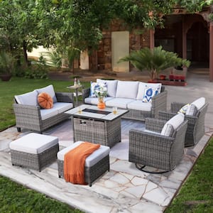 Moonshadow Gray 8-Piece Wicker Patio Rectangular Fire Pit Set with Gray Cushions and Swivel Rocking Chairs