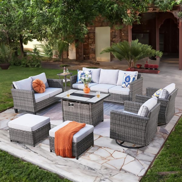 XIZZI Moonshadow Gray 8-Piece Wicker Patio Rectangular Fire Pit Set with Gray Cushions and Swivel Rocking Chairs