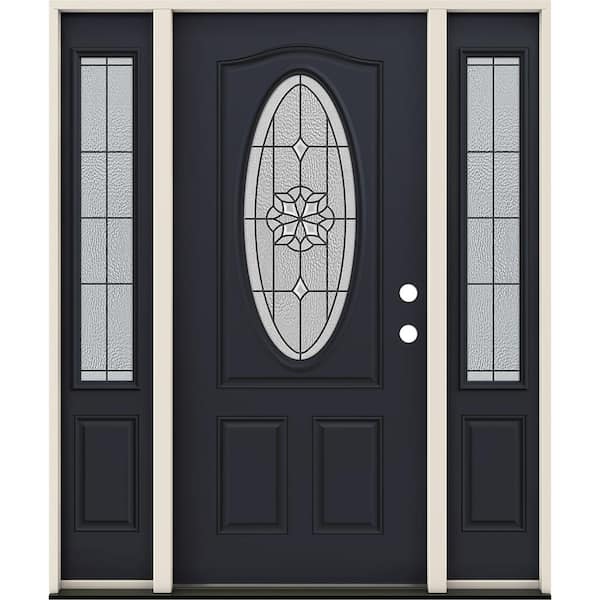 JELD-WEN 36 in. x 80 in. Left Hand/Inswing 3/4 Oval McAlpine Decorative Glass Black Steel Prehung Front Door with Sidelites